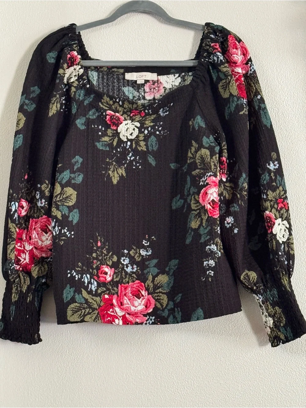 LOFT Black Floral Square Neck Puff Long Sleeve Smocked Cuffs Blouse Top⁠